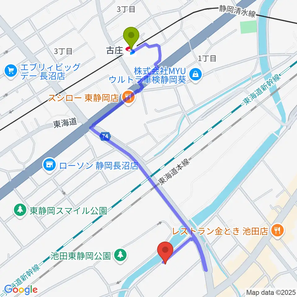 静岡UMBERの最寄駅古庄駅からの徒歩ルート（約11分）地図