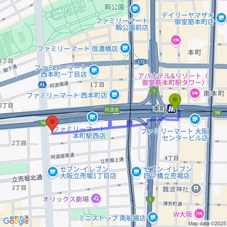 阿波座BIG JACKの最寄駅本町駅からの徒歩ルート（約9分） MDATA