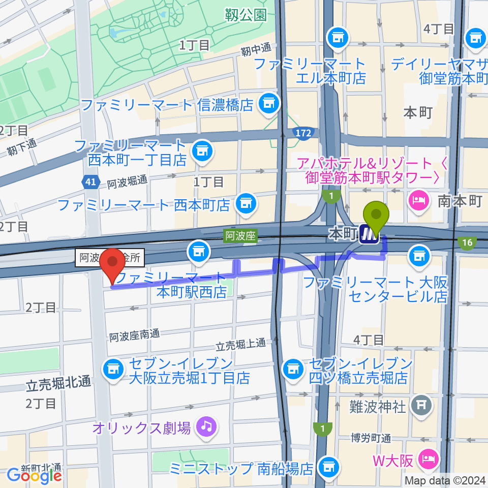 阿波座BIG JACKの最寄駅本町駅からの徒歩ルート（約9分）地図