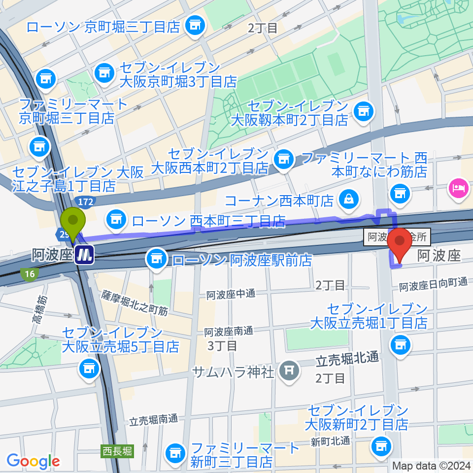 阿波座駅から阿波座BIG JACKへのルートマップ地図