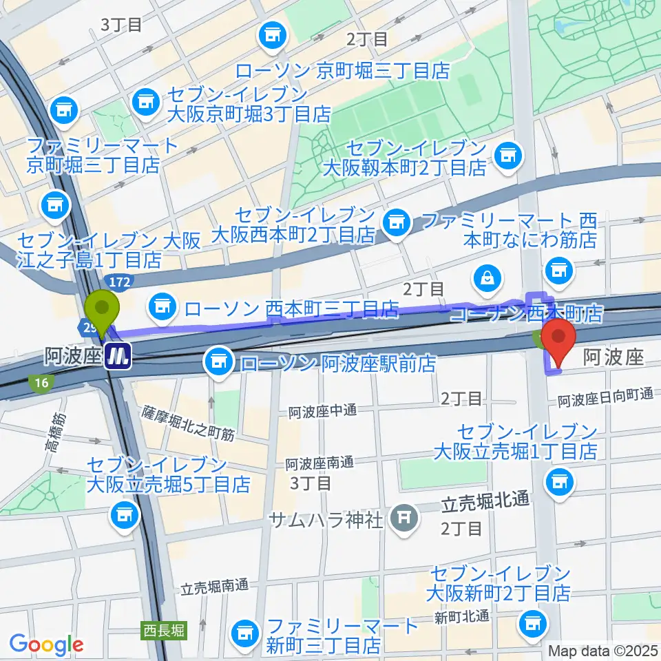 阿波座駅から阿波座BIG JACKへのルートマップ地図