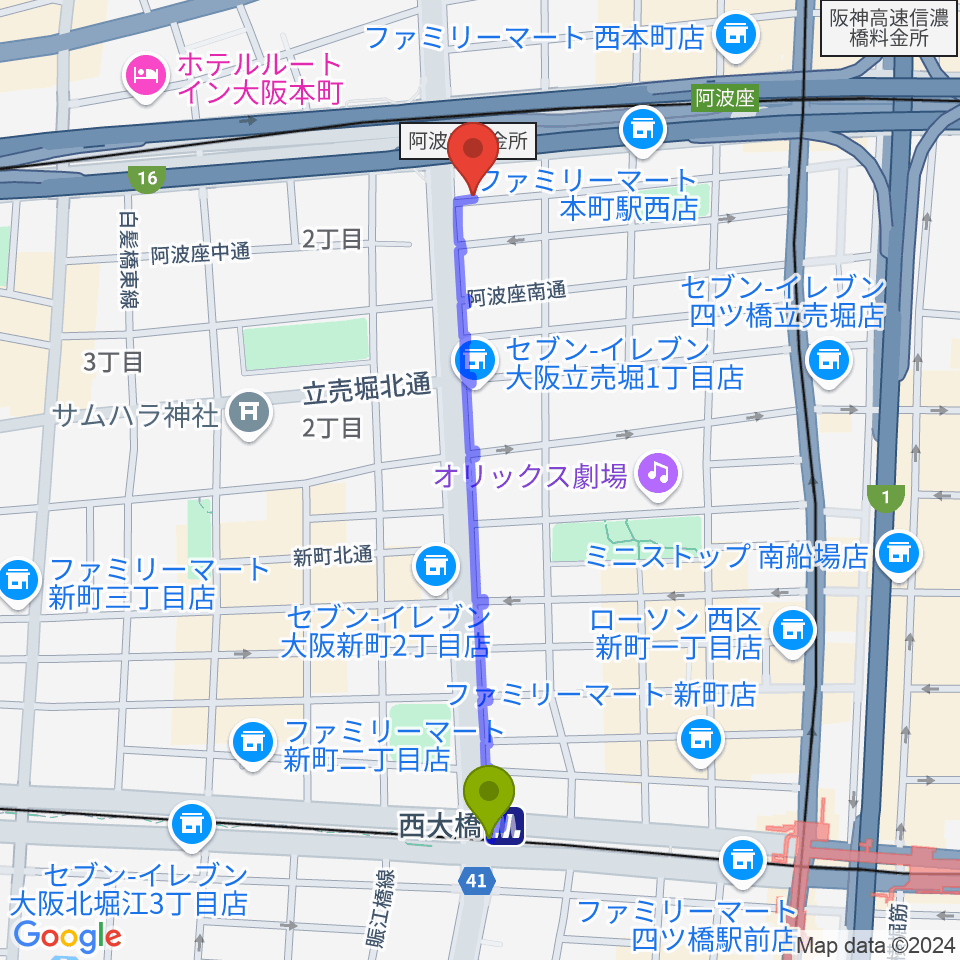 西大橋駅から阿波座BIG JACKへのルートマップ地図