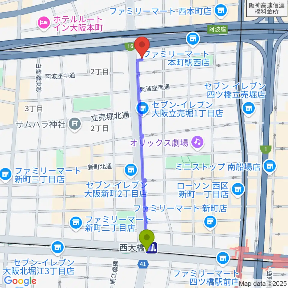 西大橋駅から阿波座BIG JACKへのルートマップ地図