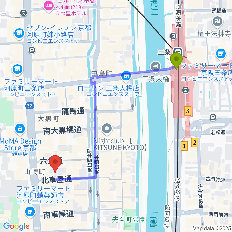 木屋町DEWEYの最寄駅三条駅からの徒歩ルート（約5分）地図