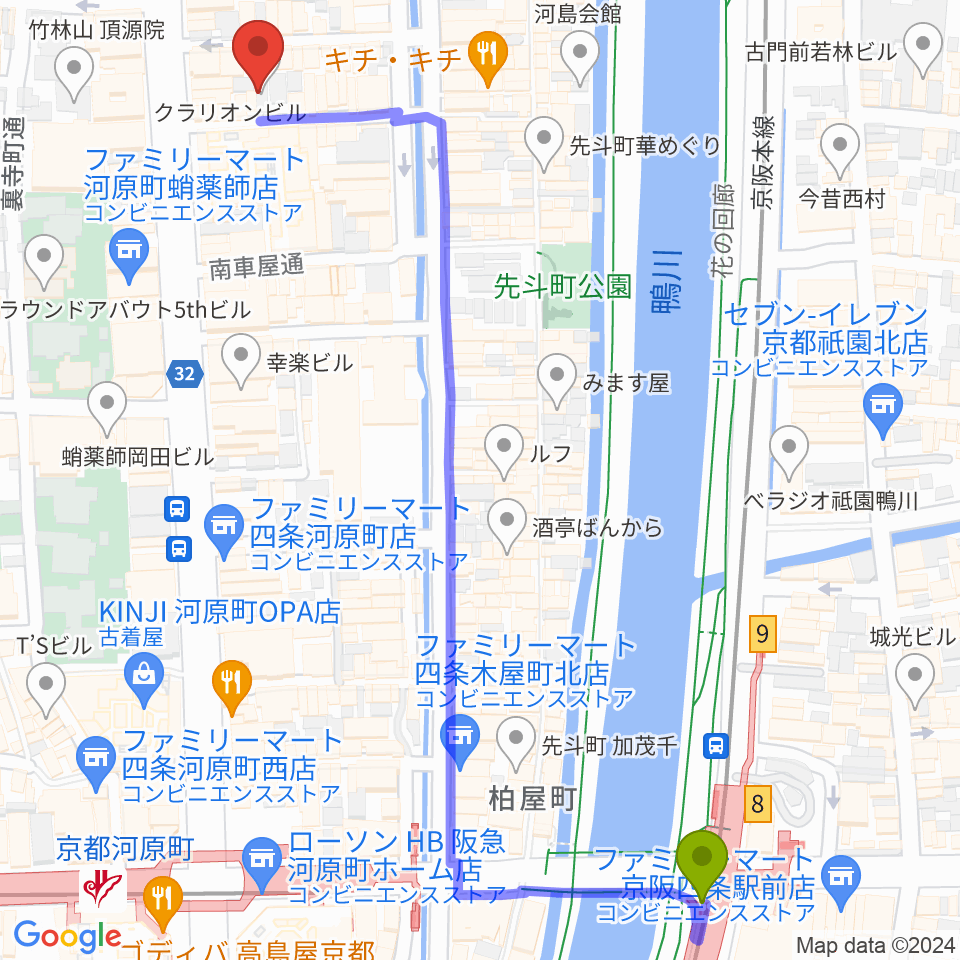 祇園四条駅から木屋町DEWEYへのルートマップ地図