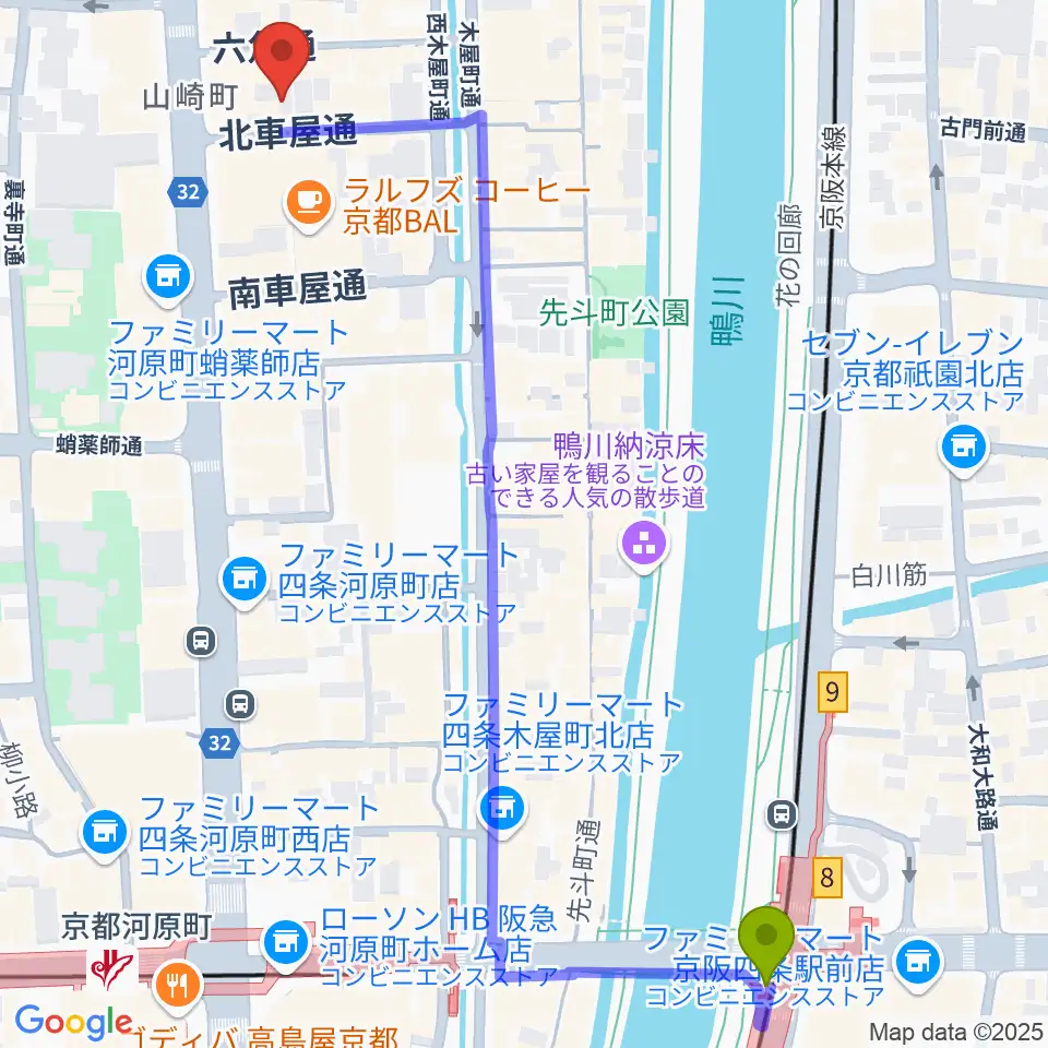 祇園四条駅から木屋町DEWEYへのルートマップ地図