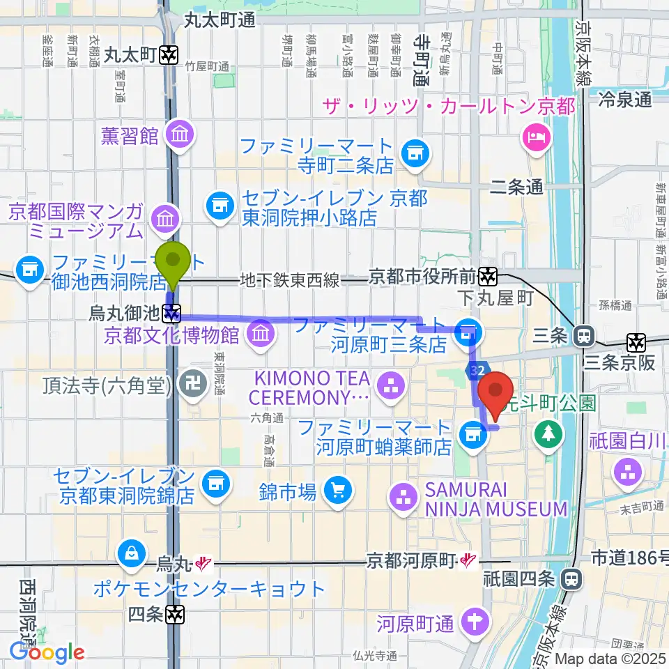 烏丸御池駅から木屋町DEWEYへのルートマップ地図