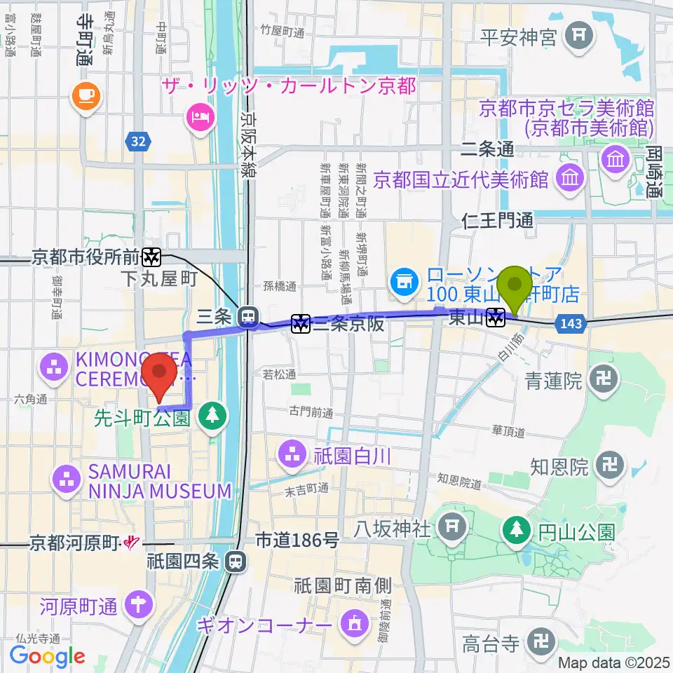 東山駅から木屋町DEWEYへのルートマップ地図