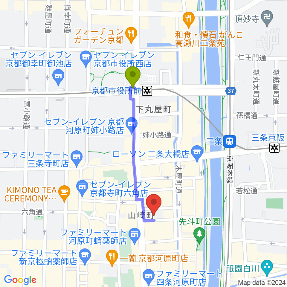 京都市役所前駅から木屋町DEWEYへのルートマップ地図