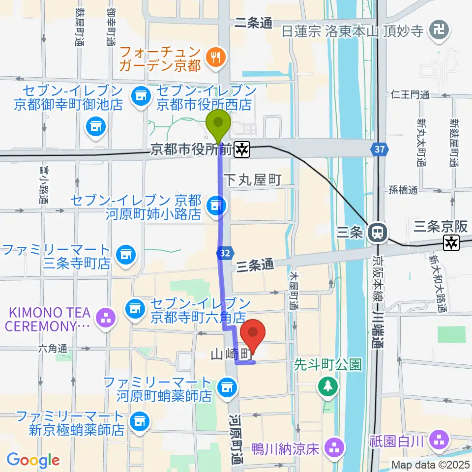 京都市役所前駅から木屋町DEWEYへのルートマップ地図