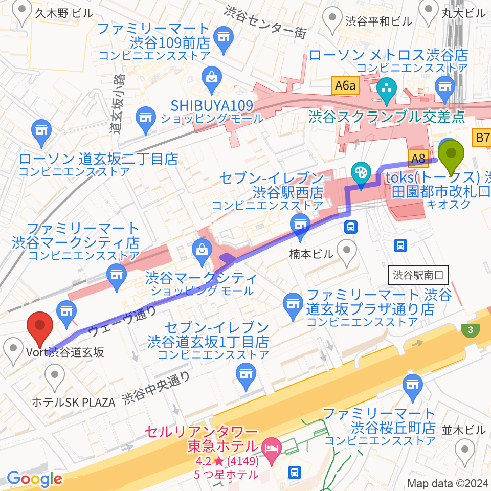 渋谷駅から渋谷REXへのルートマップ地図