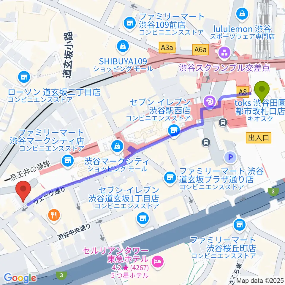 渋谷駅から渋谷REXへのルートマップ地図