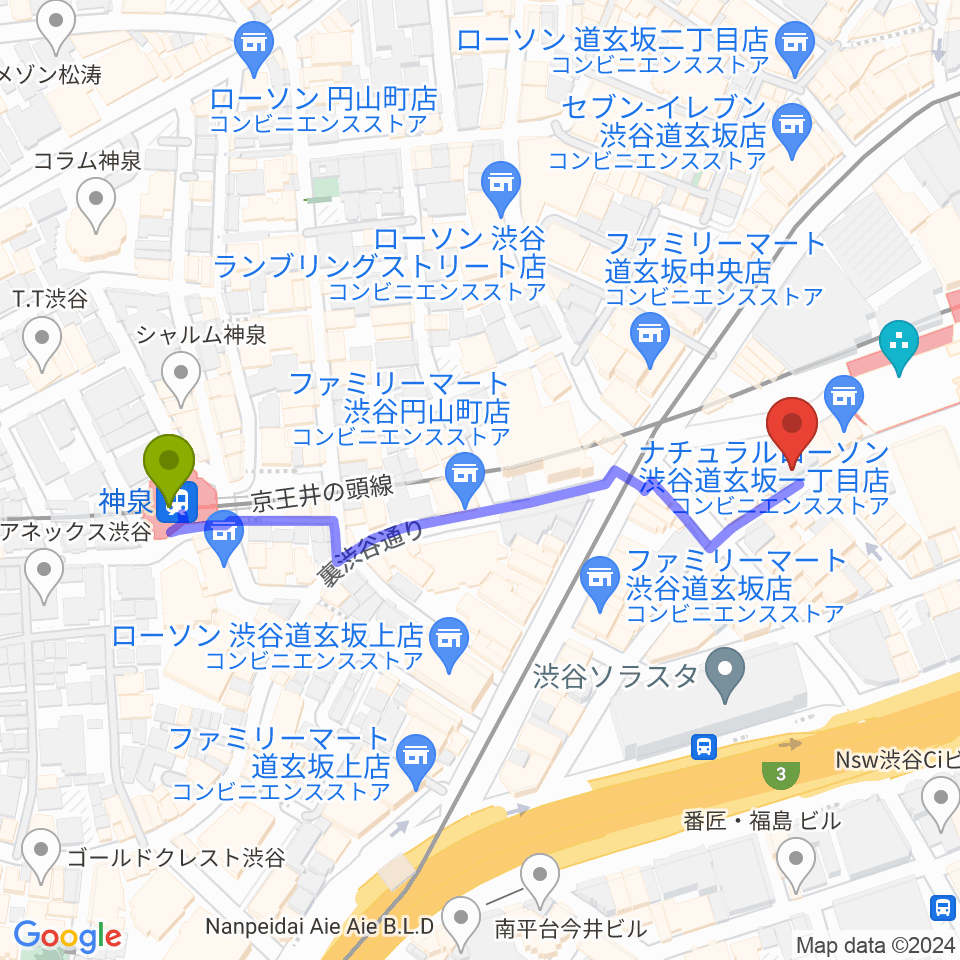 渋谷REXの最寄駅神泉駅からの徒歩ルート（約5分）地図