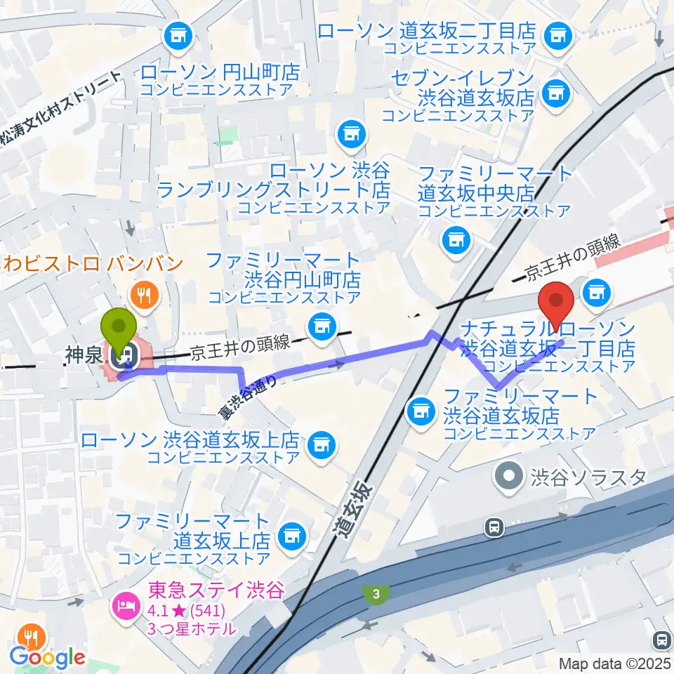 渋谷REXの最寄駅神泉駅からの徒歩ルート（約5分）地図