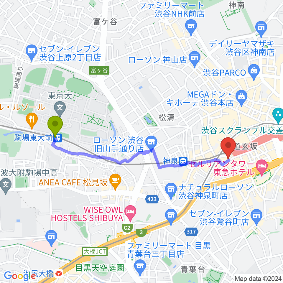 駒場東大前駅から渋谷REXへのルートマップ地図