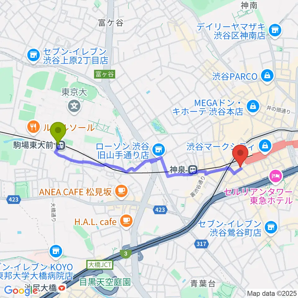 駒場東大前駅から渋谷REXへのルートマップ地図