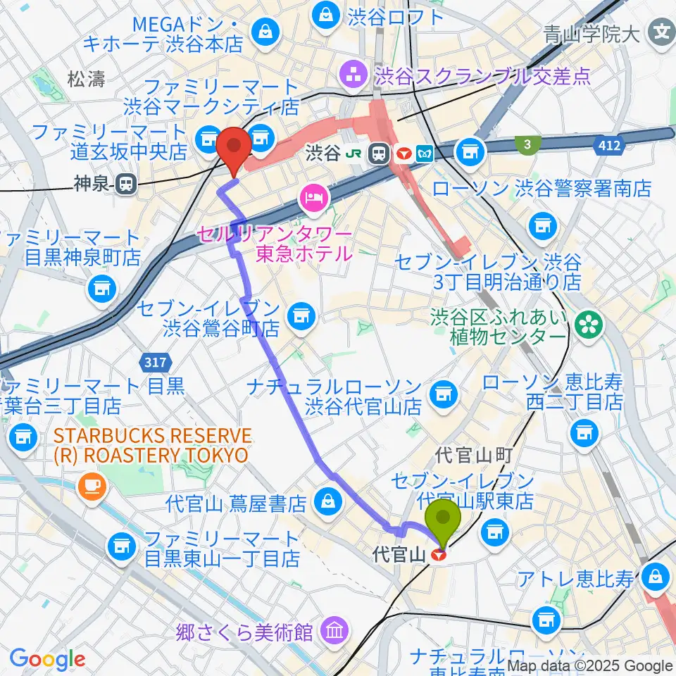 代官山駅から渋谷REXへのルートマップ地図