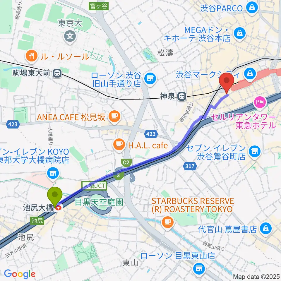 池尻大橋駅から渋谷REXへのルートマップ地図