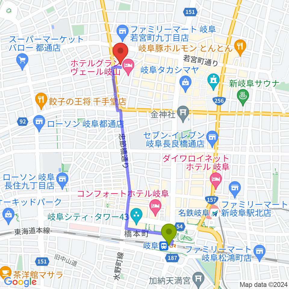 岐阜駅から柳ヶ瀬アンツへのルートマップ地図