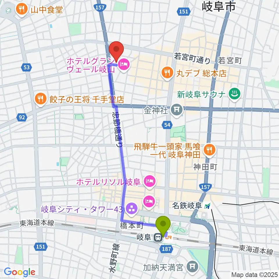 岐阜駅から柳ヶ瀬アンツへのルートマップ地図