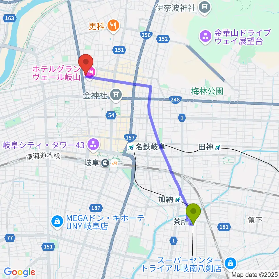 茶所駅から柳ヶ瀬アンツへのルートマップ地図