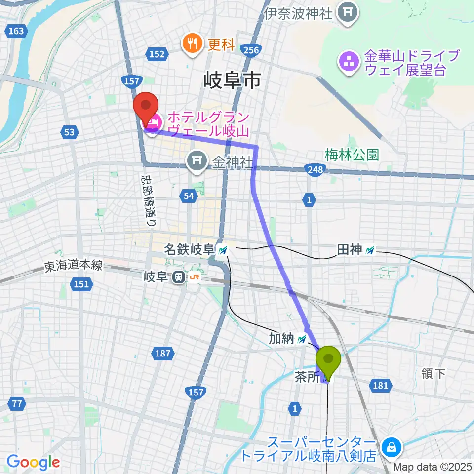 茶所駅から柳ヶ瀬アンツへのルートマップ地図