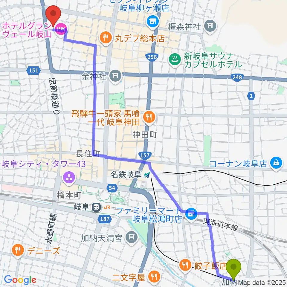 加納駅から柳ヶ瀬アンツへのルートマップ地図