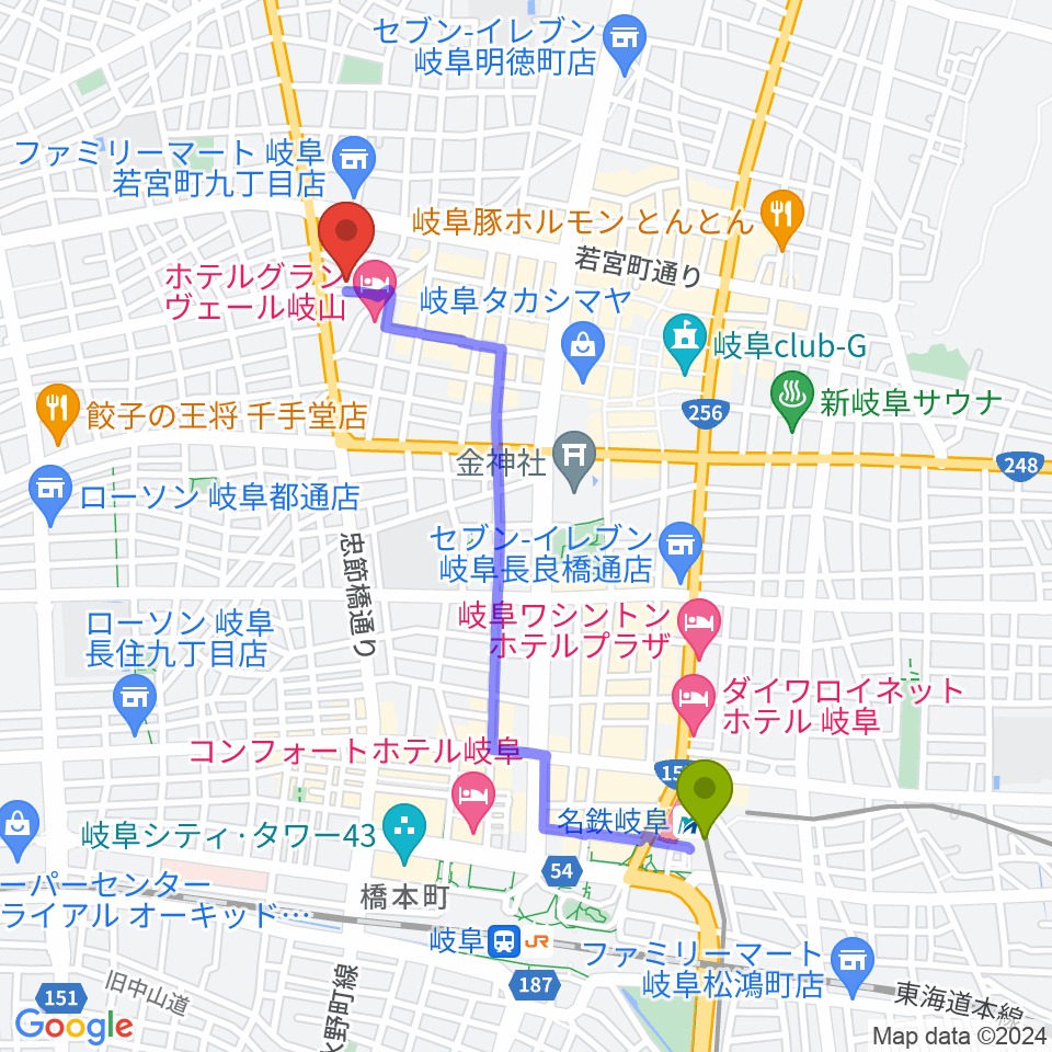 柳ヶ瀬アンツの最寄駅名鉄岐阜駅からの徒歩ルート（約20分）地図