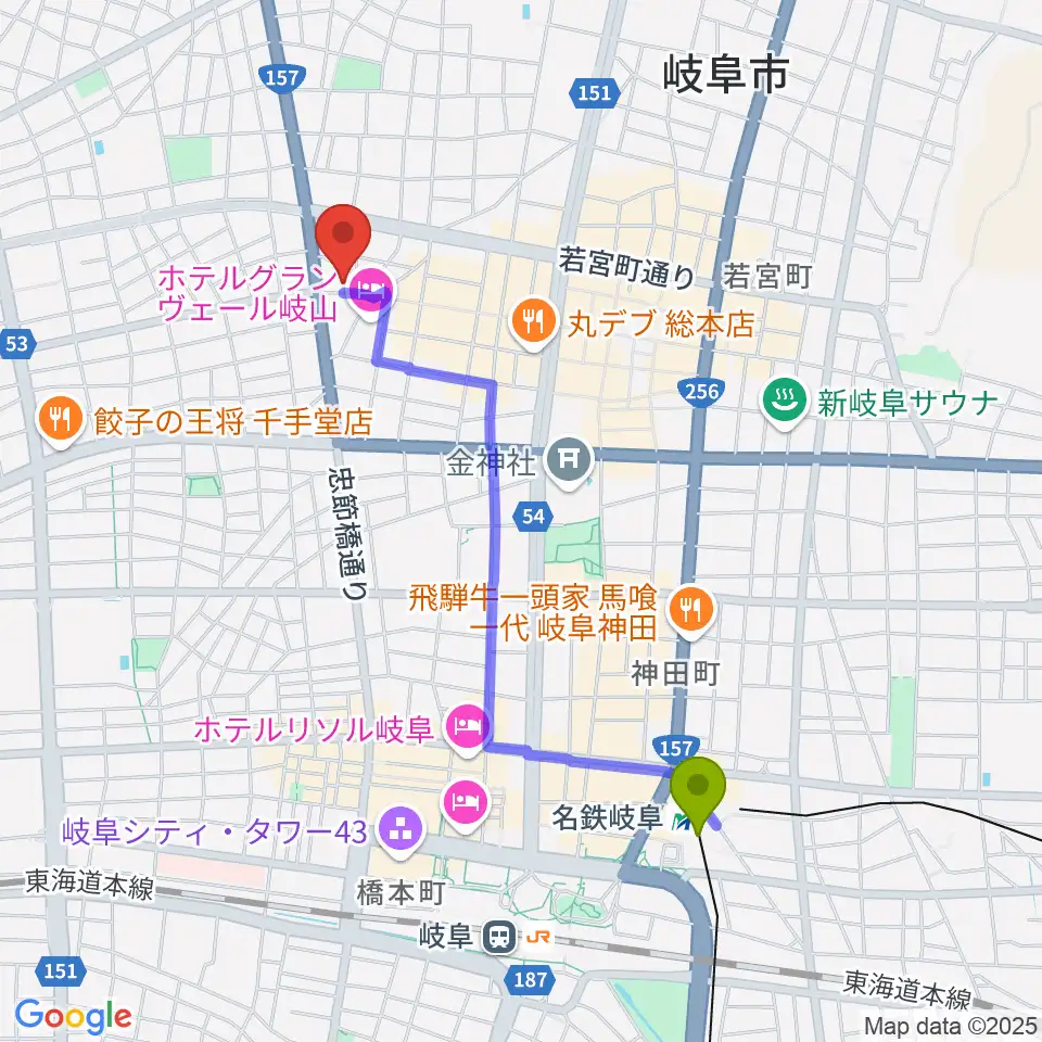 柳ヶ瀬アンツの最寄駅名鉄岐阜駅からの徒歩ルート（約20分）地図