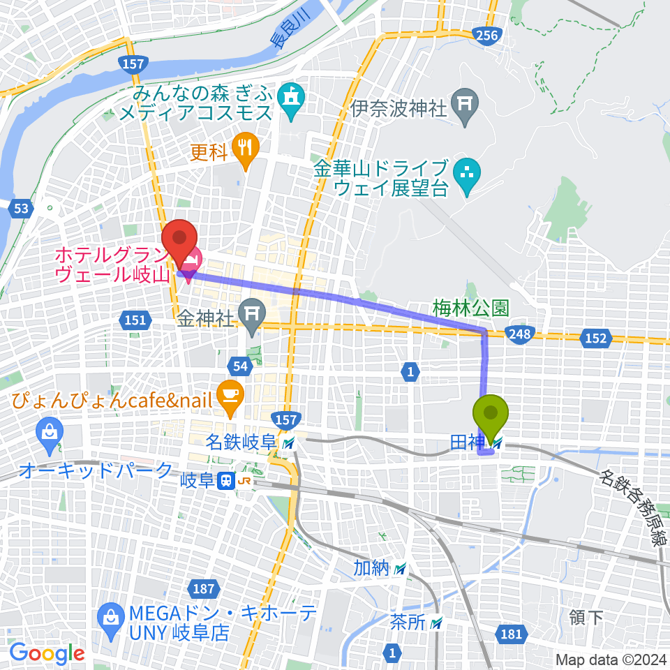 田神駅から柳ヶ瀬アンツへのルートマップ地図