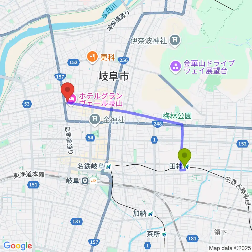 田神駅から柳ヶ瀬アンツへのルートマップ地図