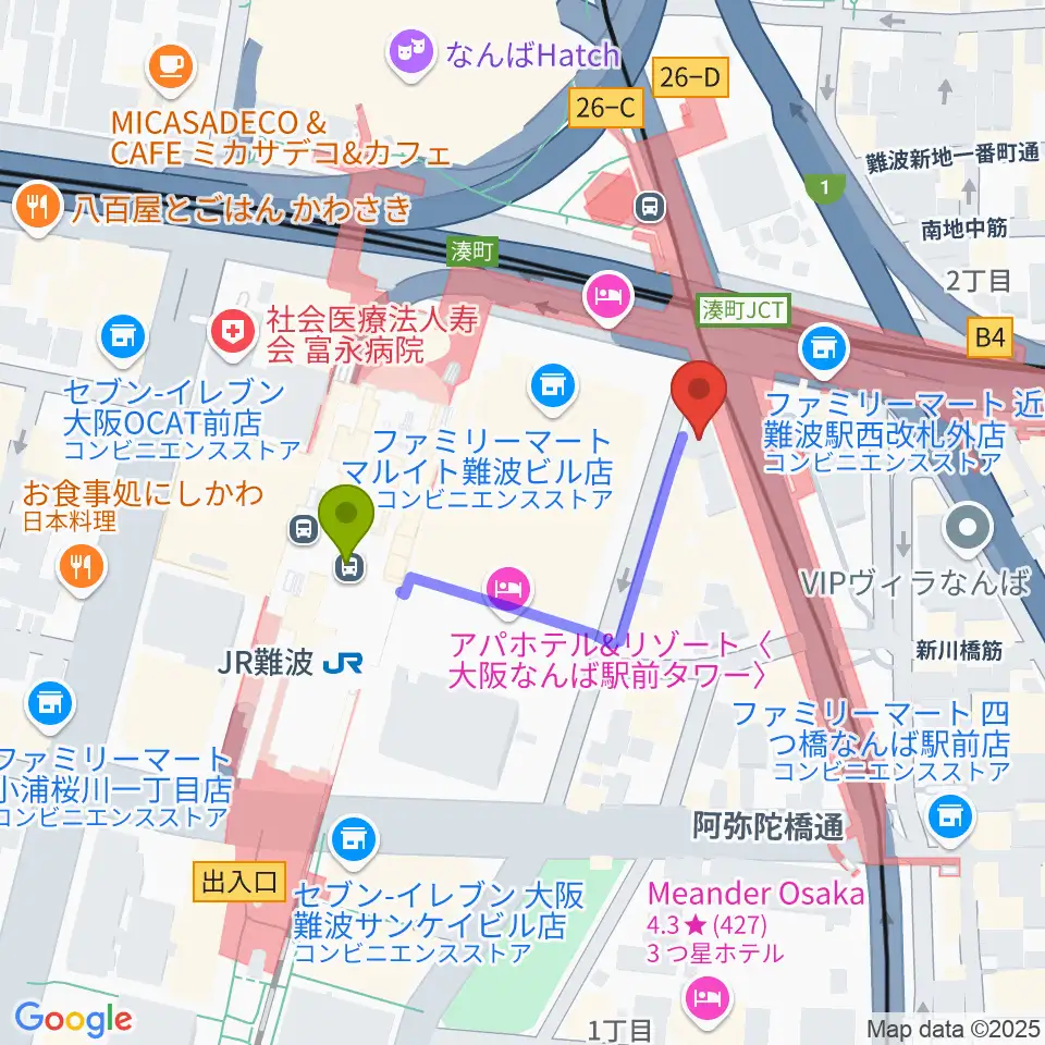 難波Meleの最寄駅ＪＲ難波駅からの徒歩ルート（約3分）地図