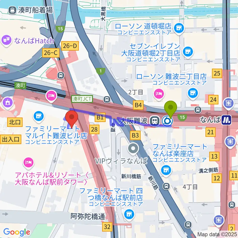 大阪難波駅から難波Meleへのルートマップ地図