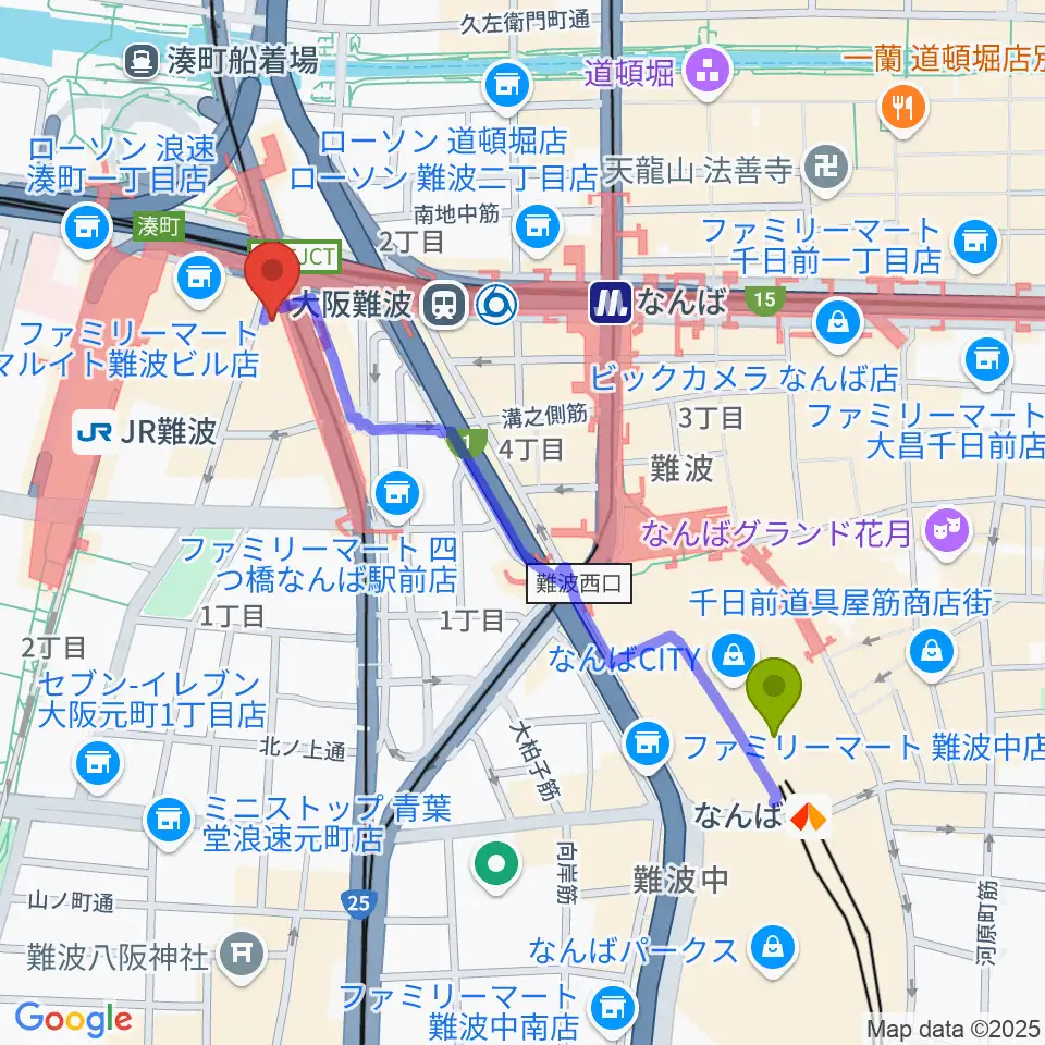 難波駅から難波Meleへのルートマップ地図