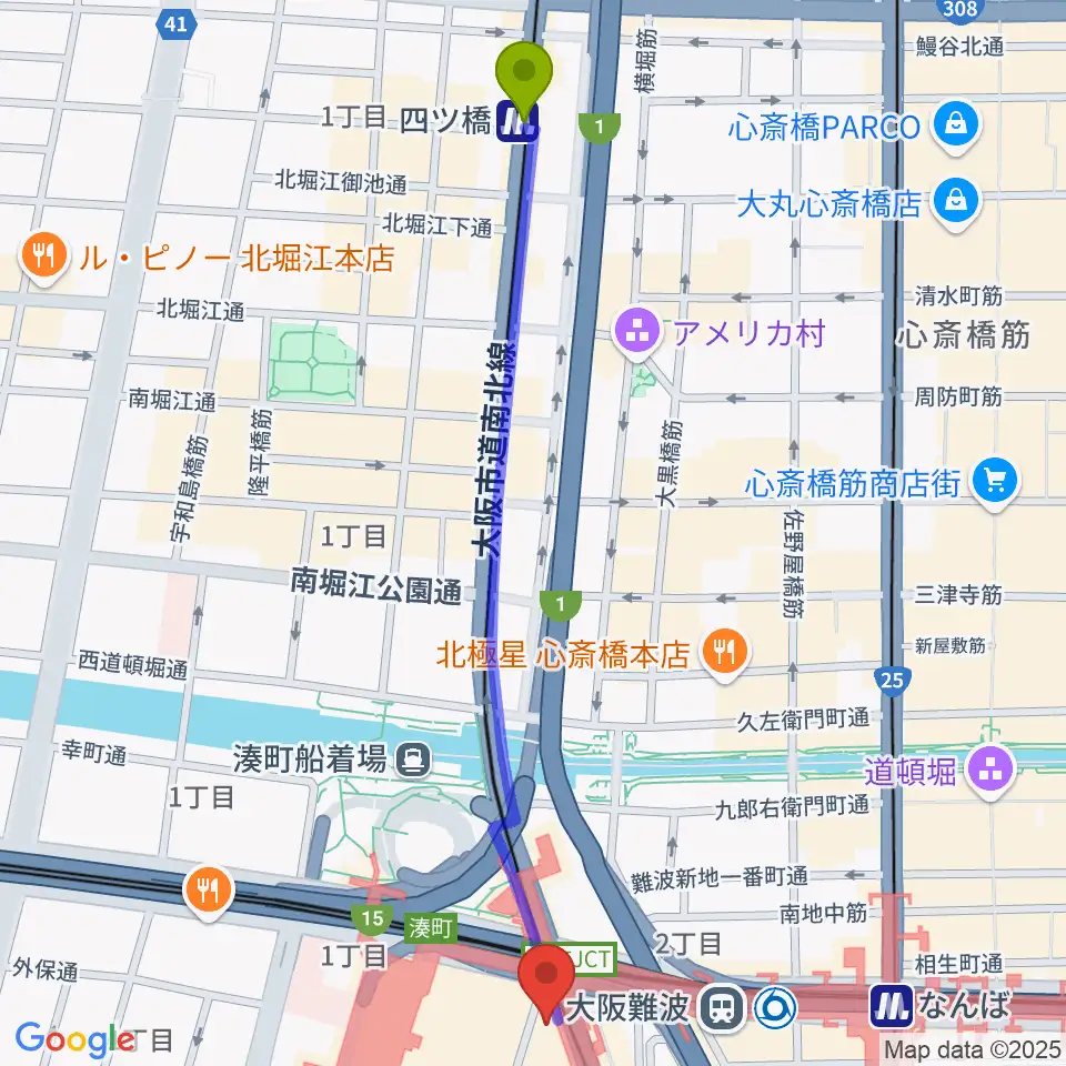 四ツ橋駅から難波Meleへのルートマップ地図