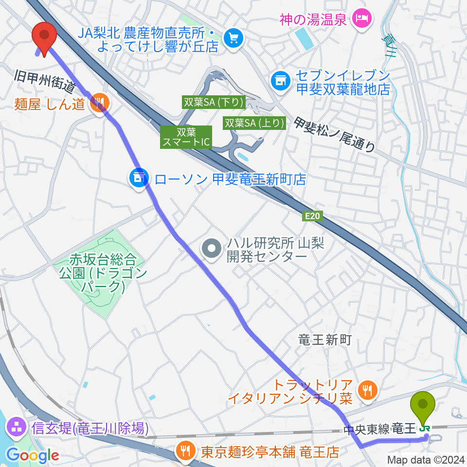 竜王駅からキングスウェルホールへのルートマップ地図