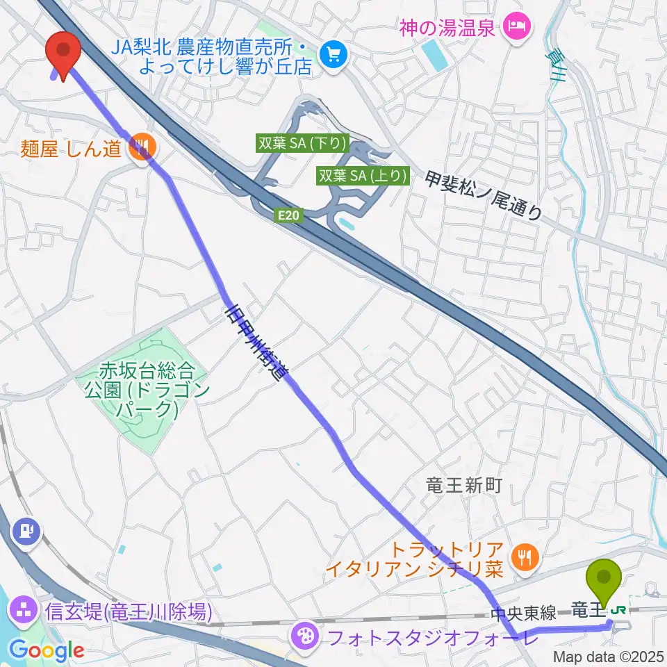 竜王駅からキングスウェルホールへのルートマップ地図