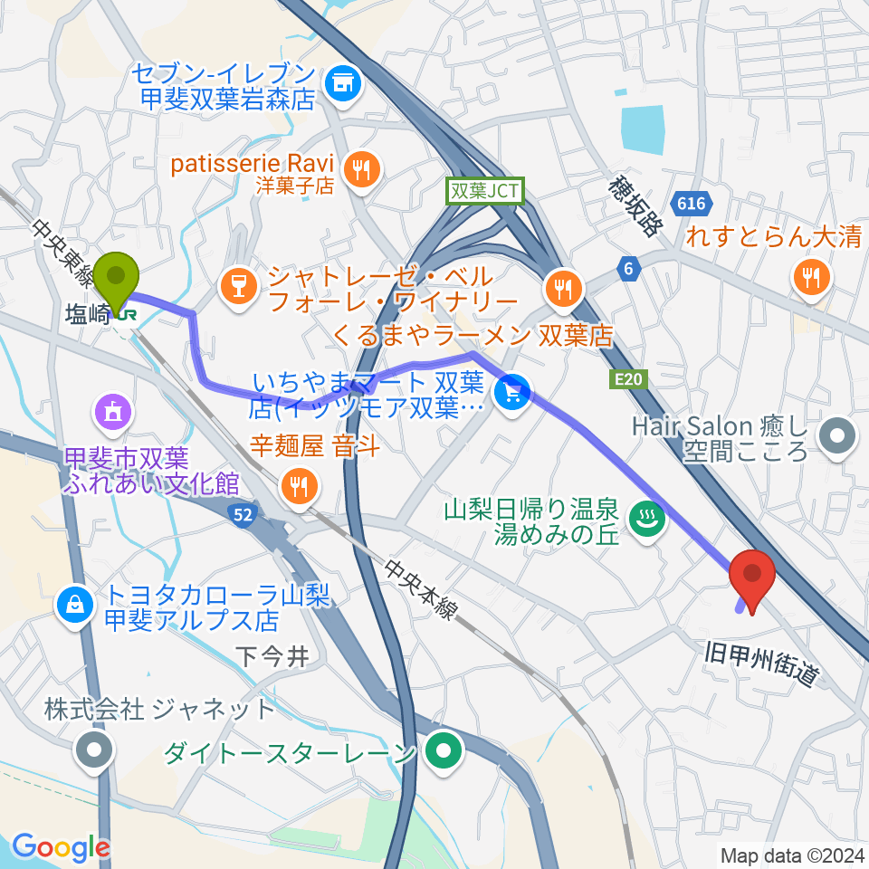 キングスウェルホールの最寄駅塩崎駅からの徒歩ルート（約25分）地図