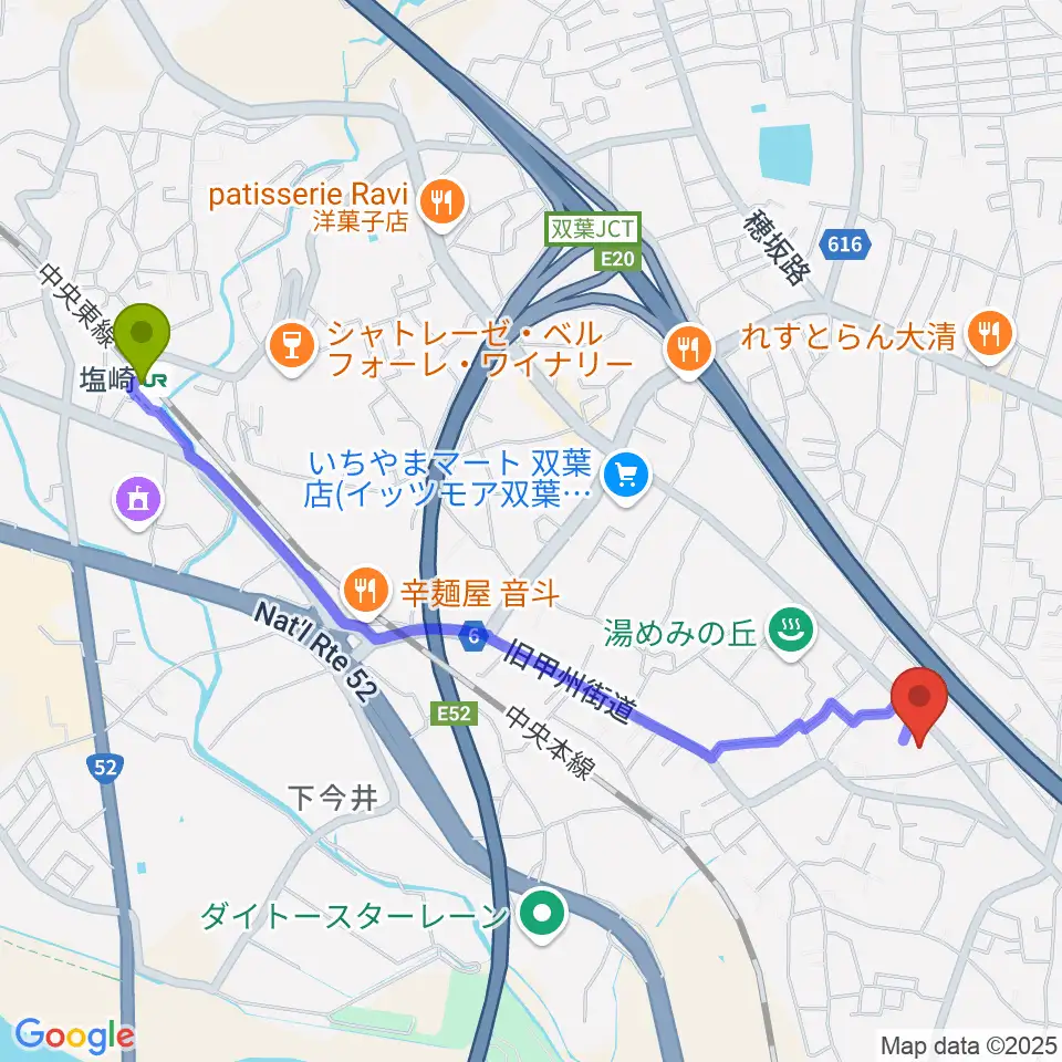 キングスウェルホールの最寄駅塩崎駅からの徒歩ルート（約25分）地図