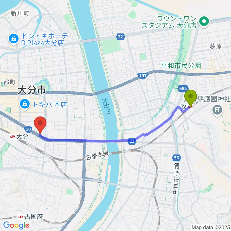 牧駅から大分DRUM Be-0へのルートマップ地図