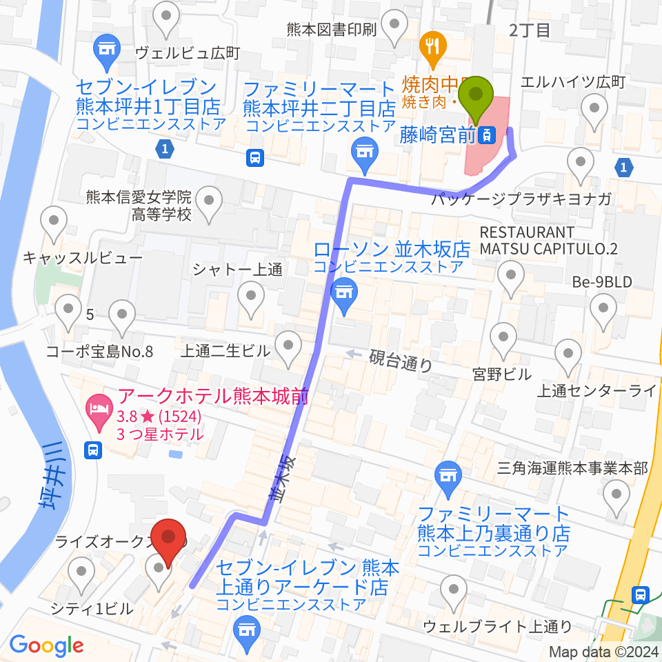 藤崎宮前駅から熊本B.9へのルートマップ地図