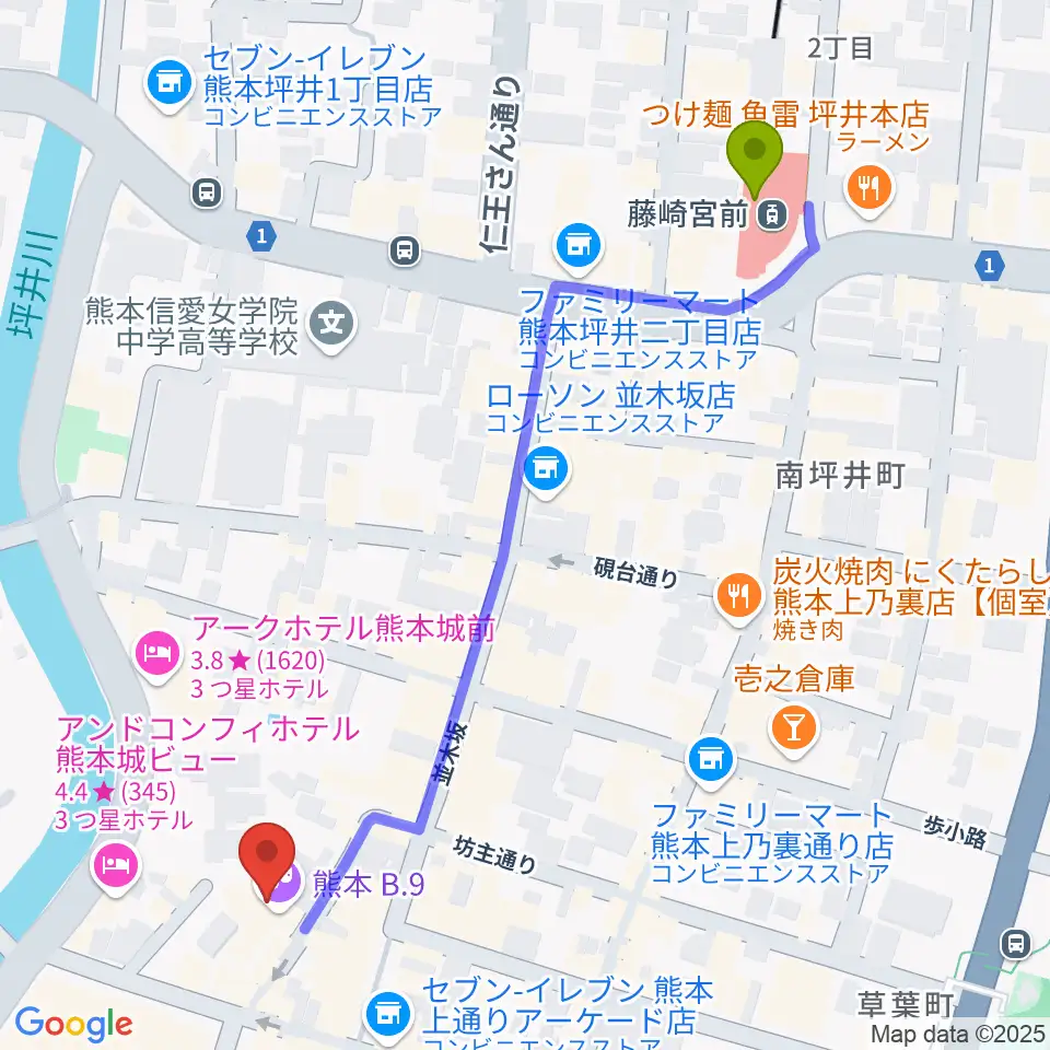 藤崎宮前駅から熊本B.9へのルートマップ地図