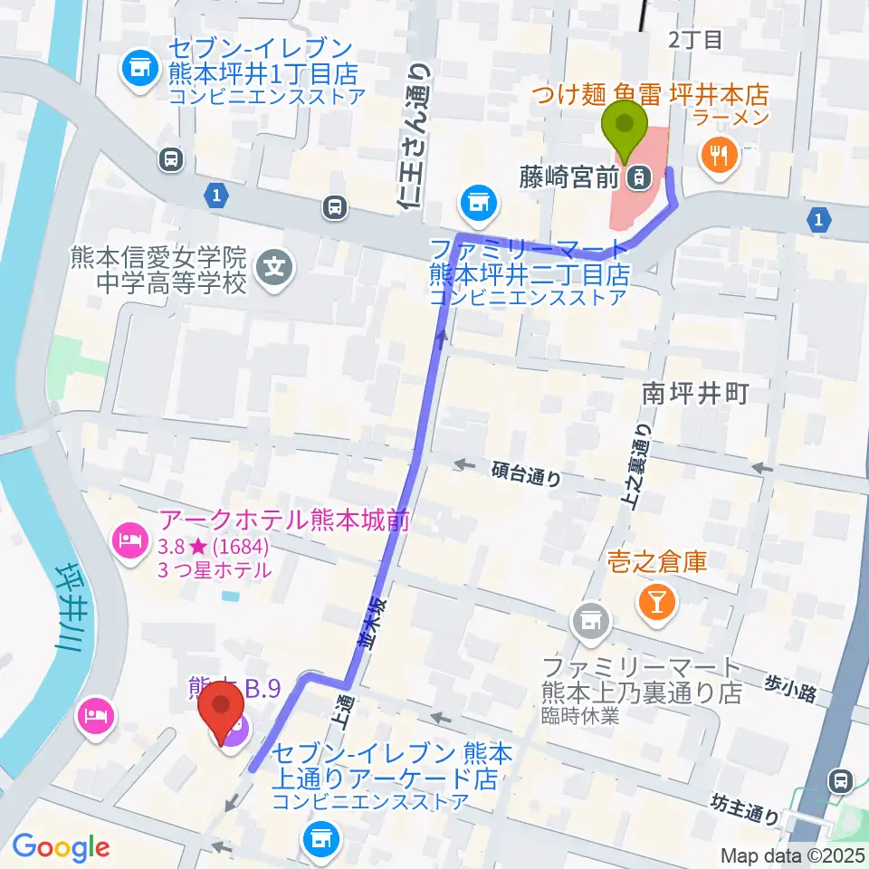 藤崎宮前駅から熊本B.9へのルートマップ地図
