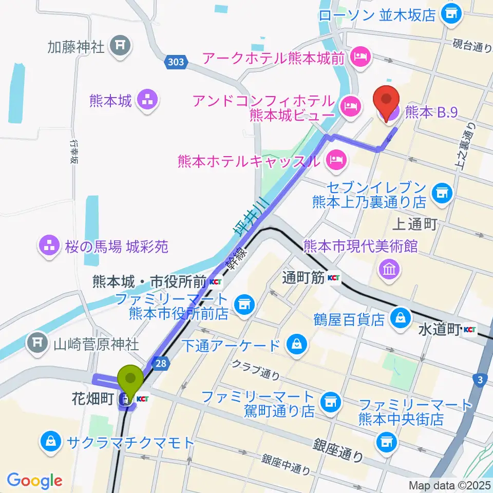 花畑町駅から熊本B.9へのルートマップ地図