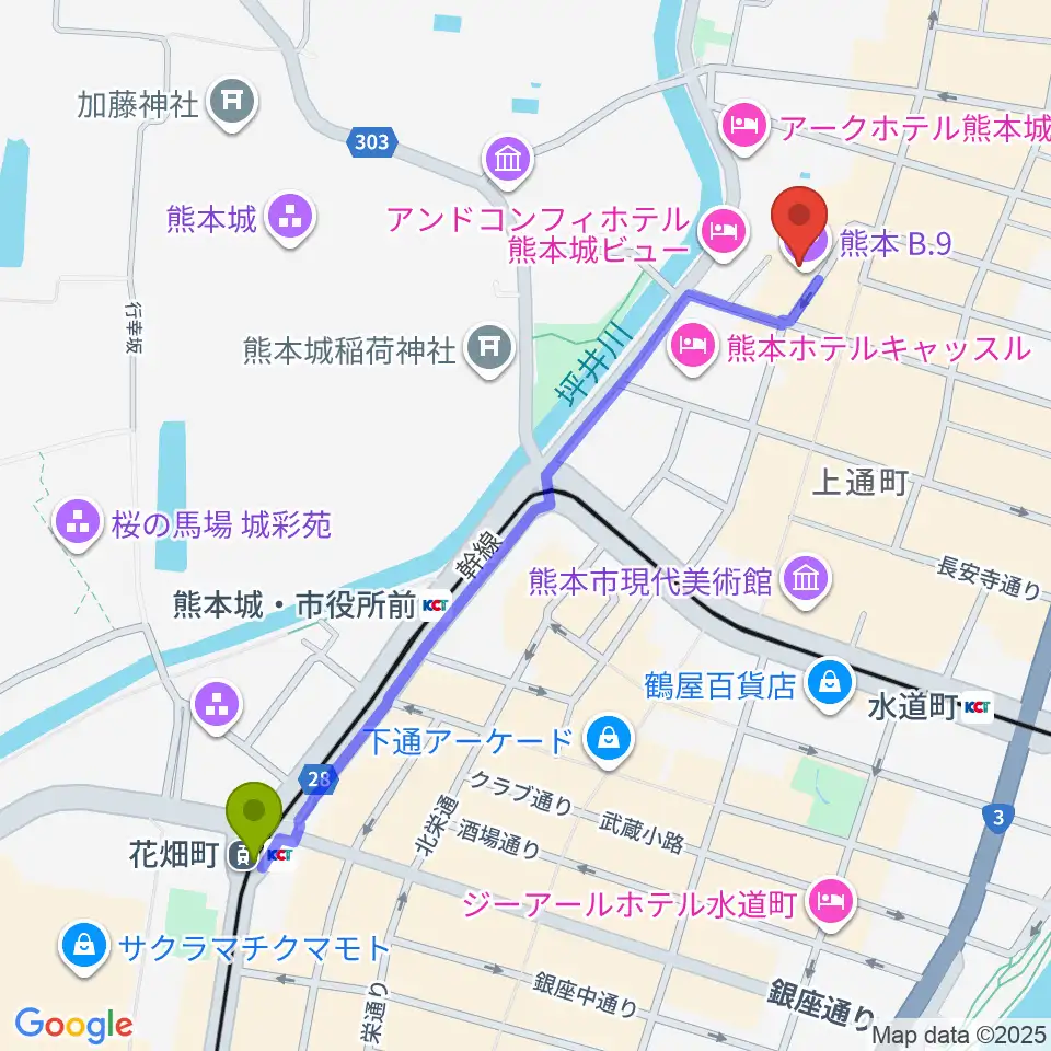 花畑町駅から熊本B.9へのルートマップ地図