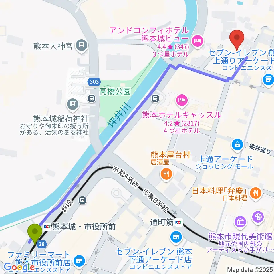 熊本城・市役所前駅から熊本B.9へのルートマップ地図