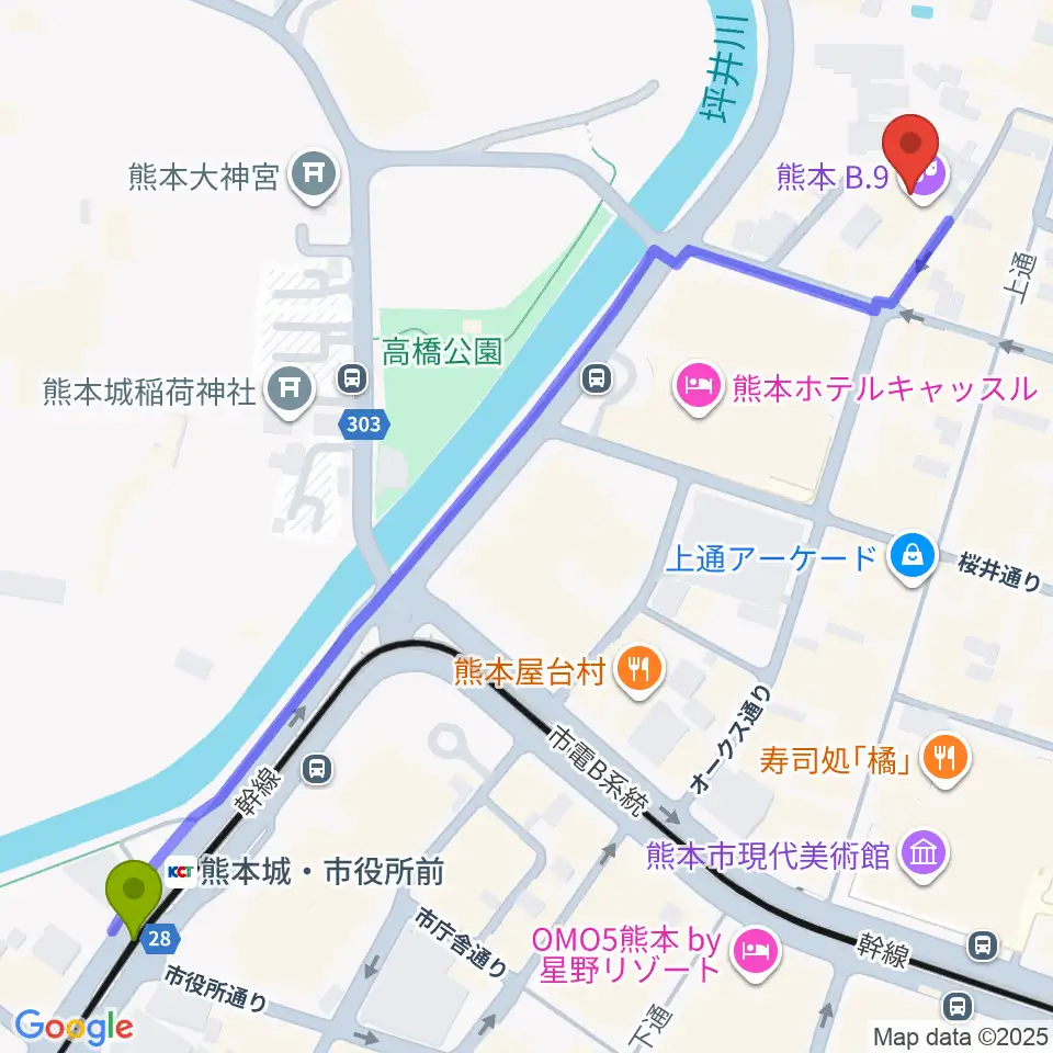熊本城・市役所前駅から熊本B.9へのルートマップ地図