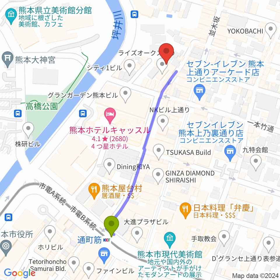 熊本B.9の最寄駅通町筋駅からの徒歩ルート（約5分）地図