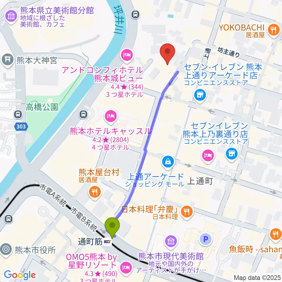 熊本B.9の最寄駅通町筋駅からの徒歩ルート（約5分）地図