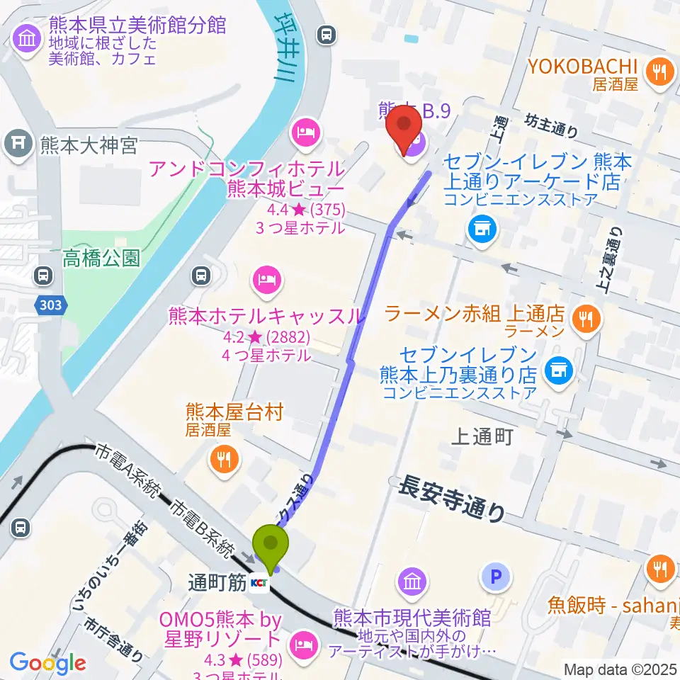 熊本B.9の最寄駅通町筋駅からの徒歩ルート（約5分）地図